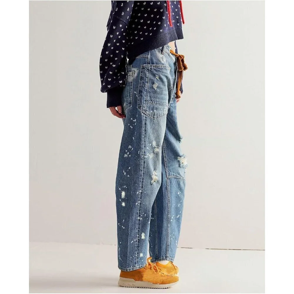Women’s Baggy Wide Leg Barrel Jeans Mid Rise Drawstring Casual Denim